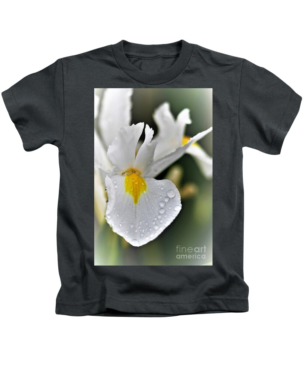 Photograph Kids T-Shirt featuring the photograph Raindrops On White Iris by Tracey Lee Cassin