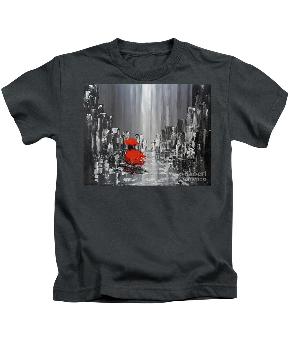 Abstract Painting Kids T-Shirt featuring the painting Rainy Day City Girl In Red by Catalina Walker