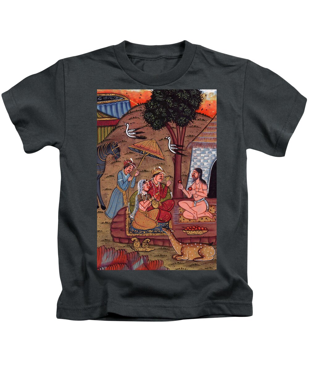 Rajput Royal King Vintage Art Miniature Forest Worship Monk Artwork India Kids T-Shirt by M B Sharma -