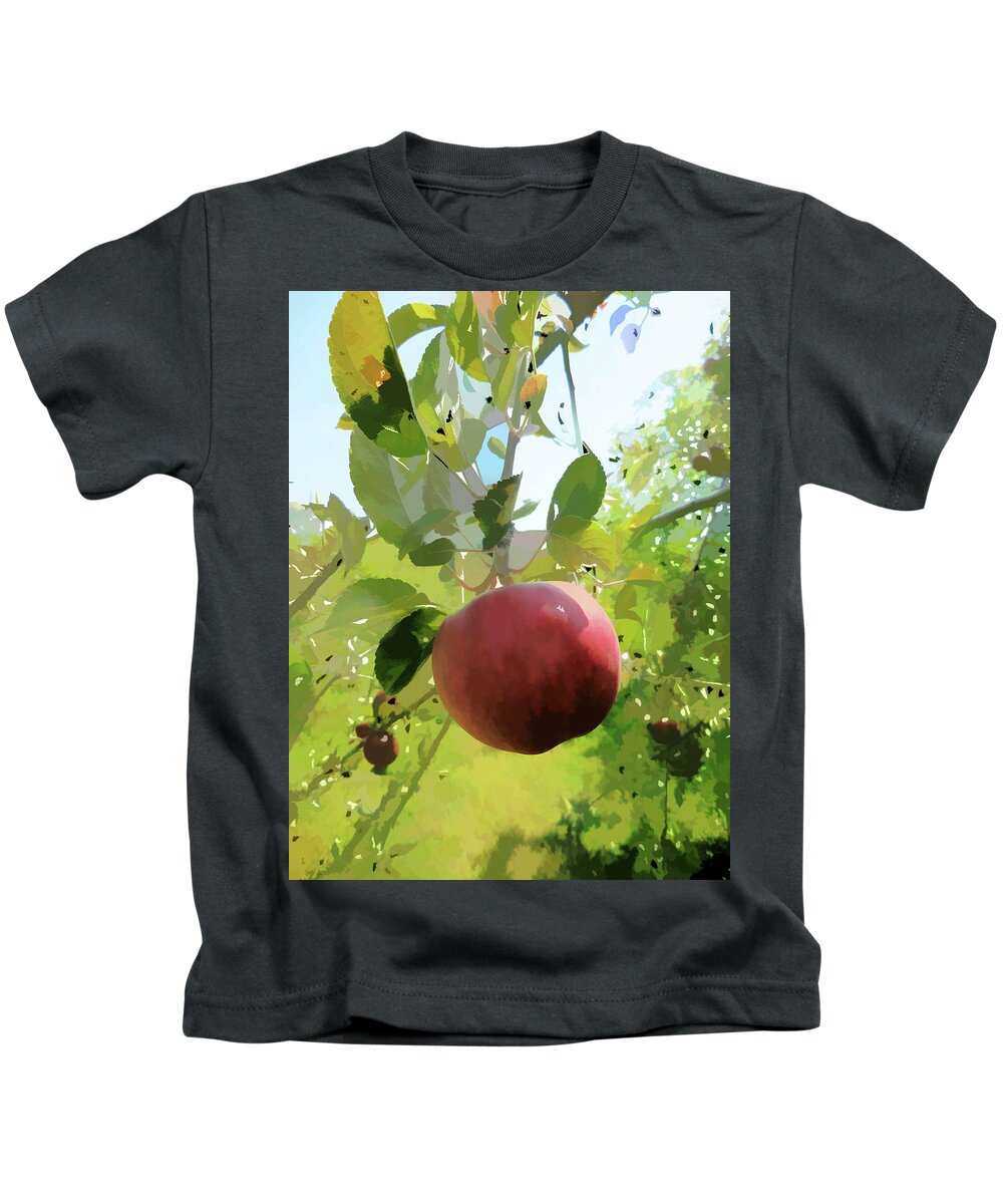 Apples Hanging From A Tree Branch Kids T-Shirt featuring the painting Red apple on tree by Jeelan Clark