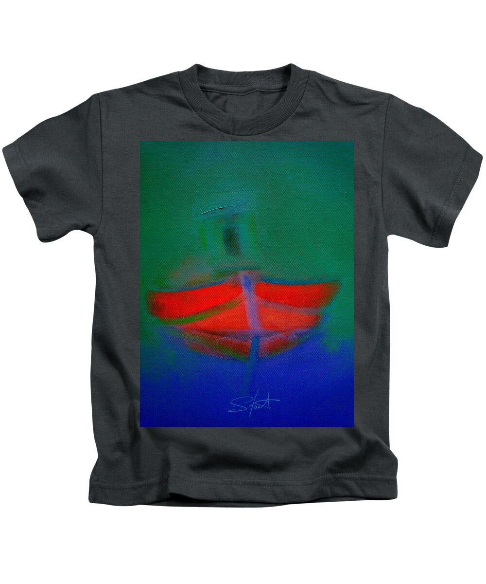 Fishing Boat Kids T-Shirt featuring the painting Red Boat in the Mirror by Charles Stuart