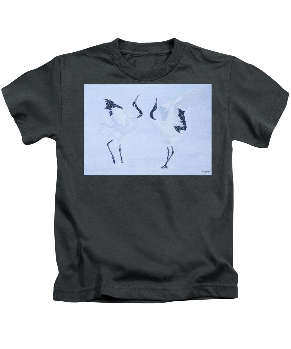 Bird Kids T-Shirt featuring the painting Red-crowned crane Pair by Masami Iida