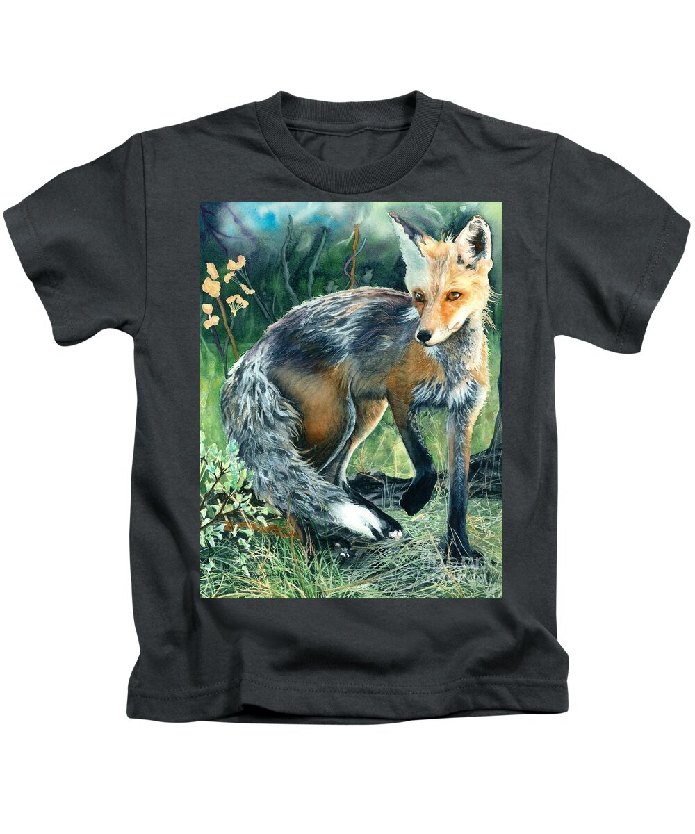 Fox Kids T-Shirt featuring the painting Red Fox- Caught in the Moment by Barbara Jewell
