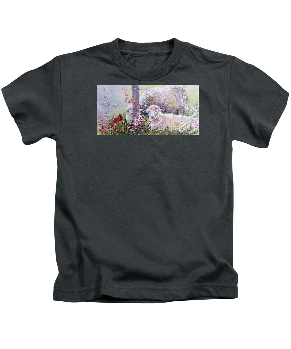 Sheep Kids T-Shirt featuring the painting Red guest by Nicole Gelinas