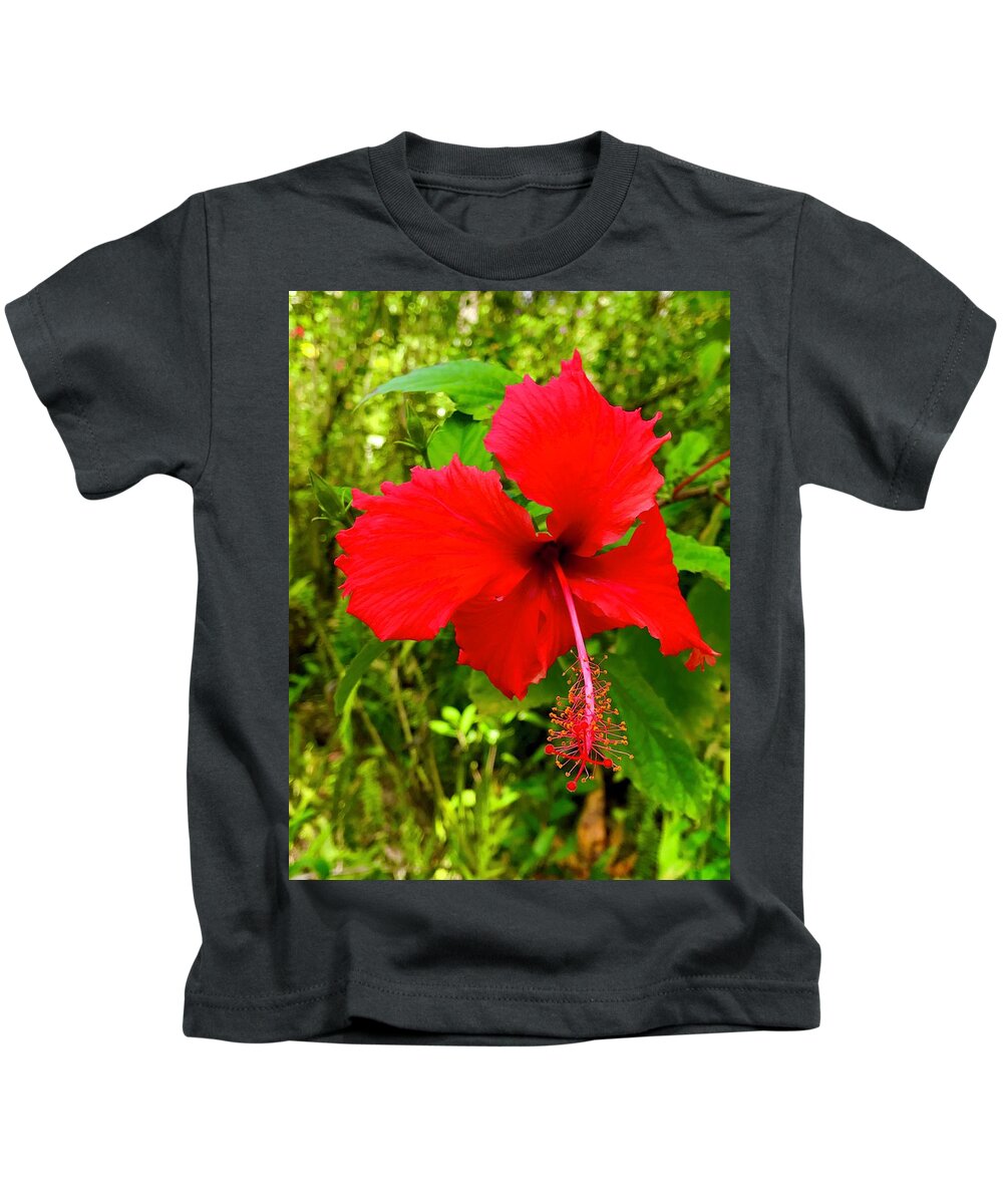 #flowersofaloha -#flowerpower #red #hibiscus Kids T-Shirt featuring the photograph Red Hibiscus in Puna by Joalene Young