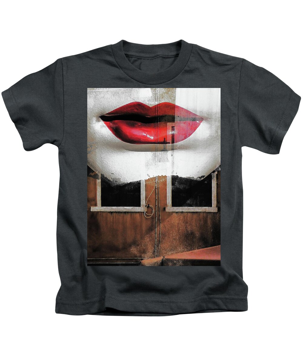 Lips Kids T-Shirt featuring the photograph Red lips and old windows by Gabi Hampe