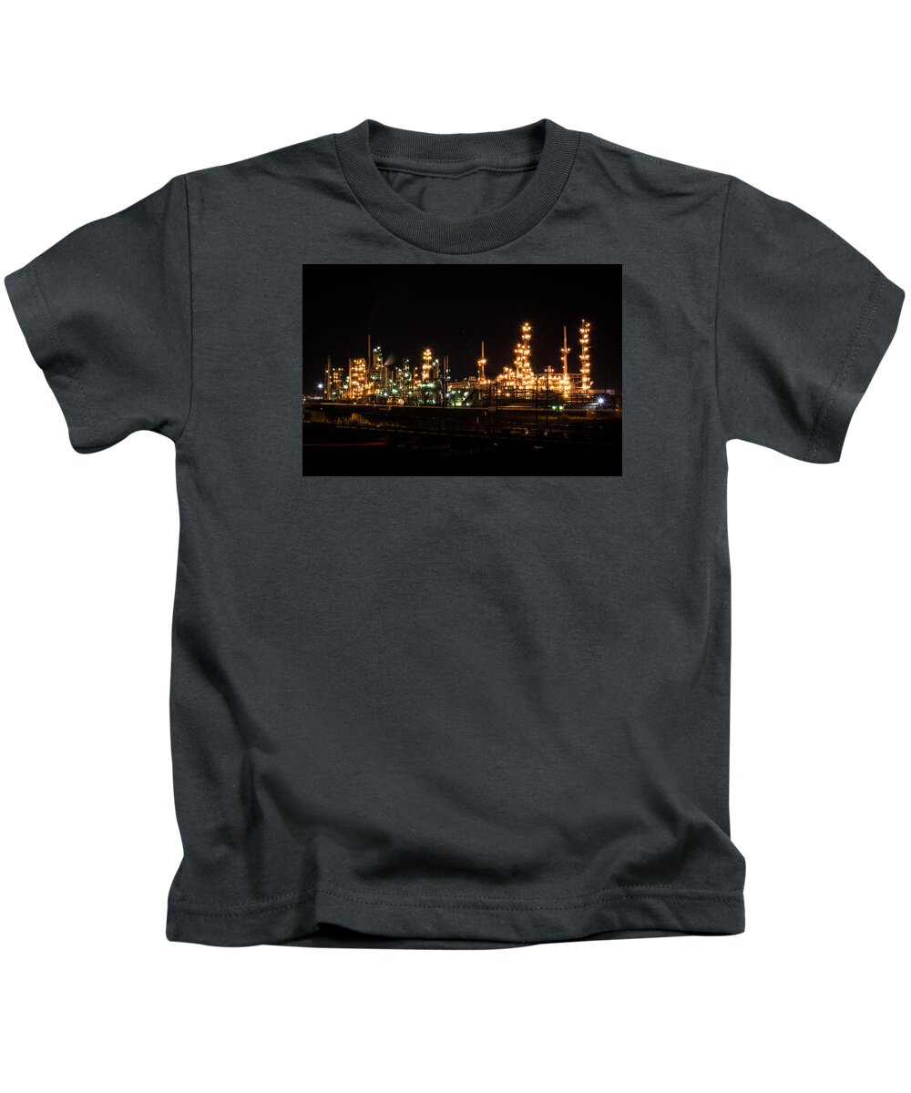 Refinery Kids T-Shirt featuring the photograph Refinery At Night 3 by Stephen Holst