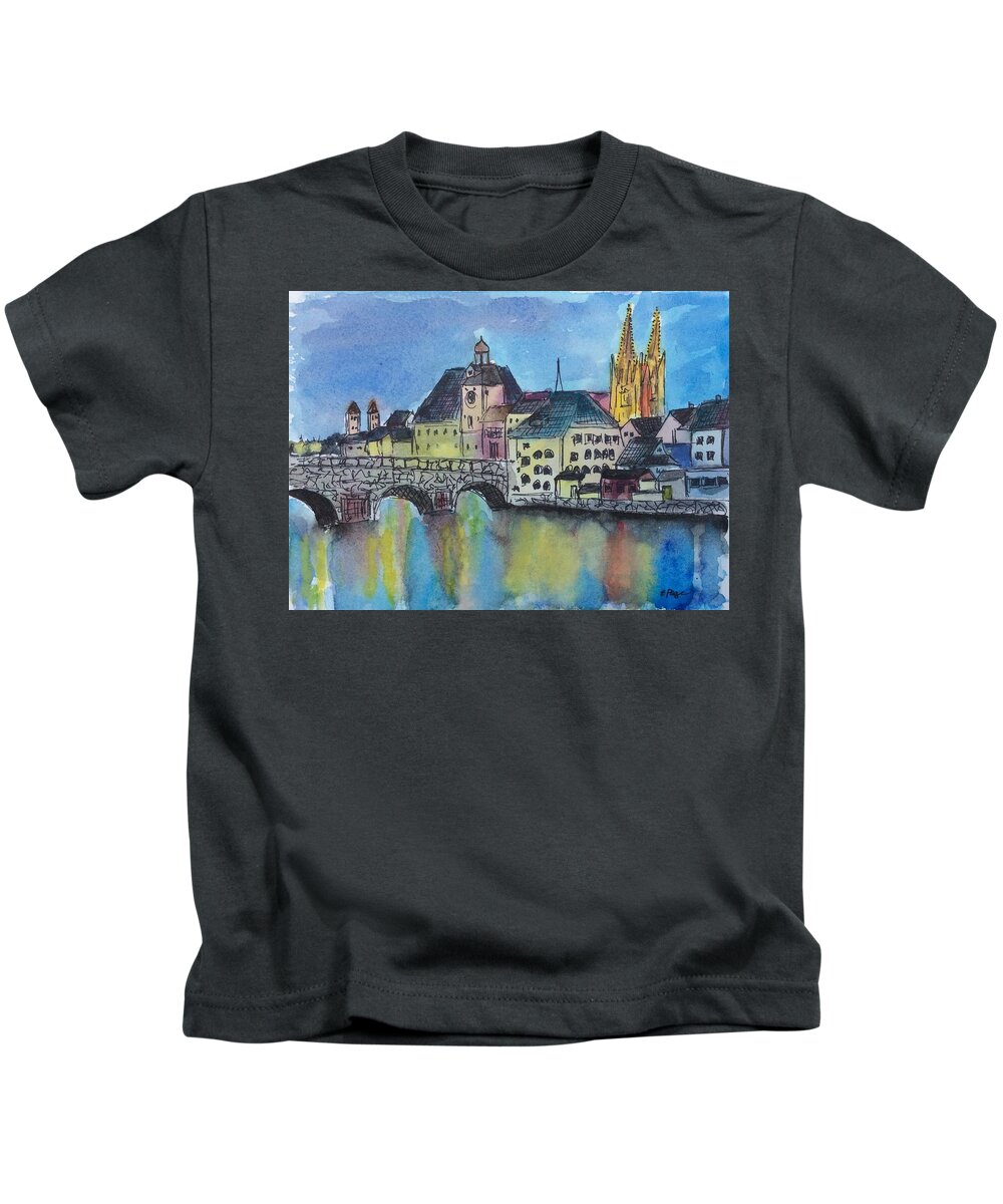Regensburg Kids T-Shirt featuring the painting Regensburg at Night by Emily Page