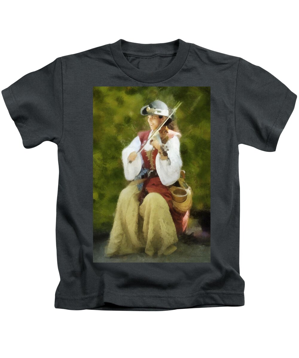 Fiddler Violin Play Playing Music Musician Lady Woman Girl Female Entertainer Kids T-Shirt featuring the digital art Renaissance Fiddler Lady by Frances Miller