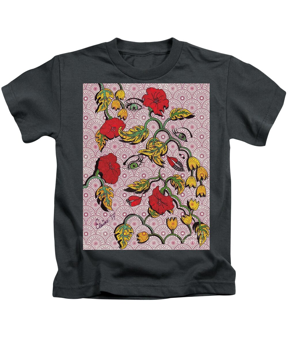 Red Flowers Kids T-Shirt featuring the drawing Repetition by Elaine Berger