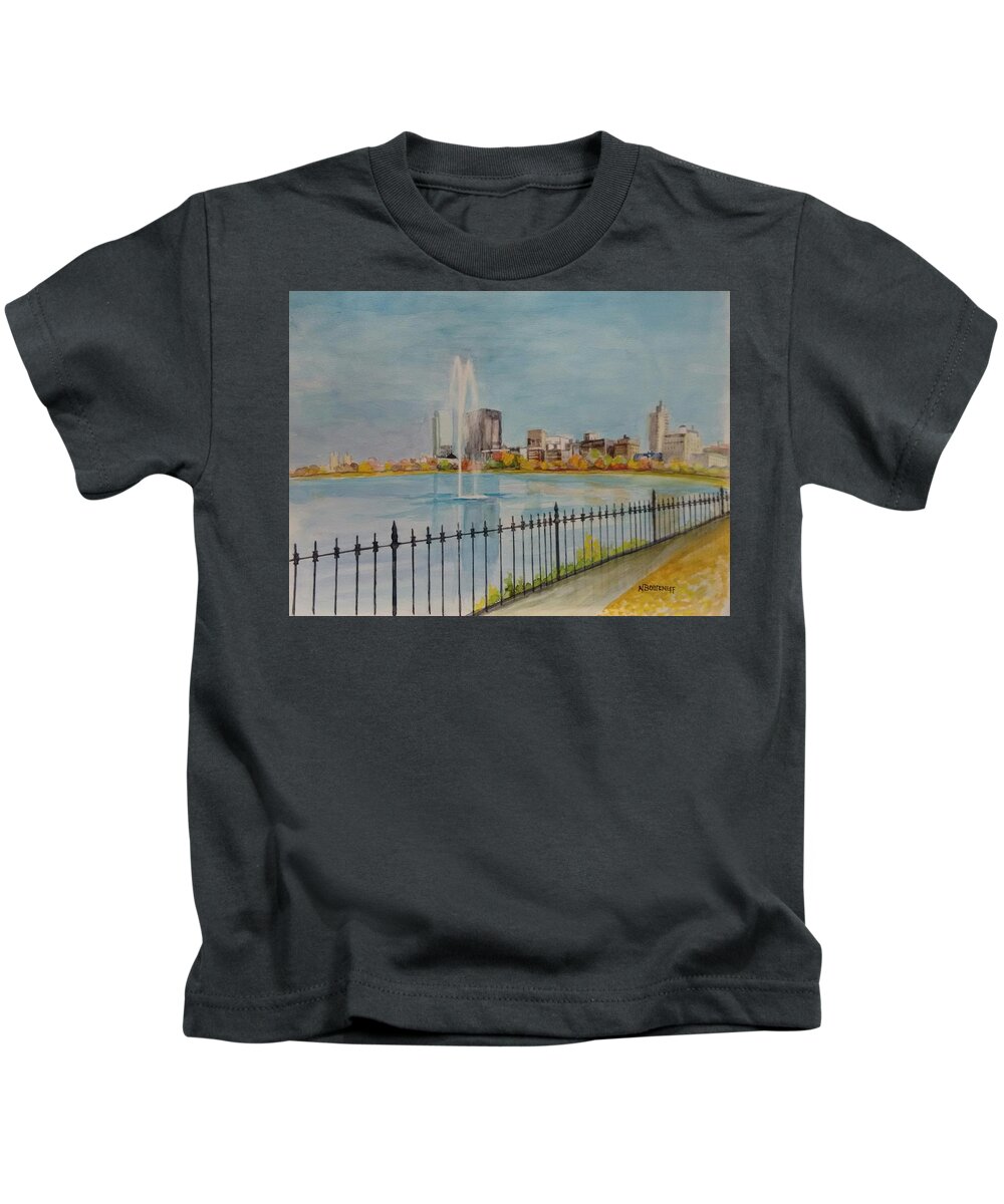 Watercolor Kids T-Shirt featuring the painting Reservoir in Central Park by Nicolas Bouteneff