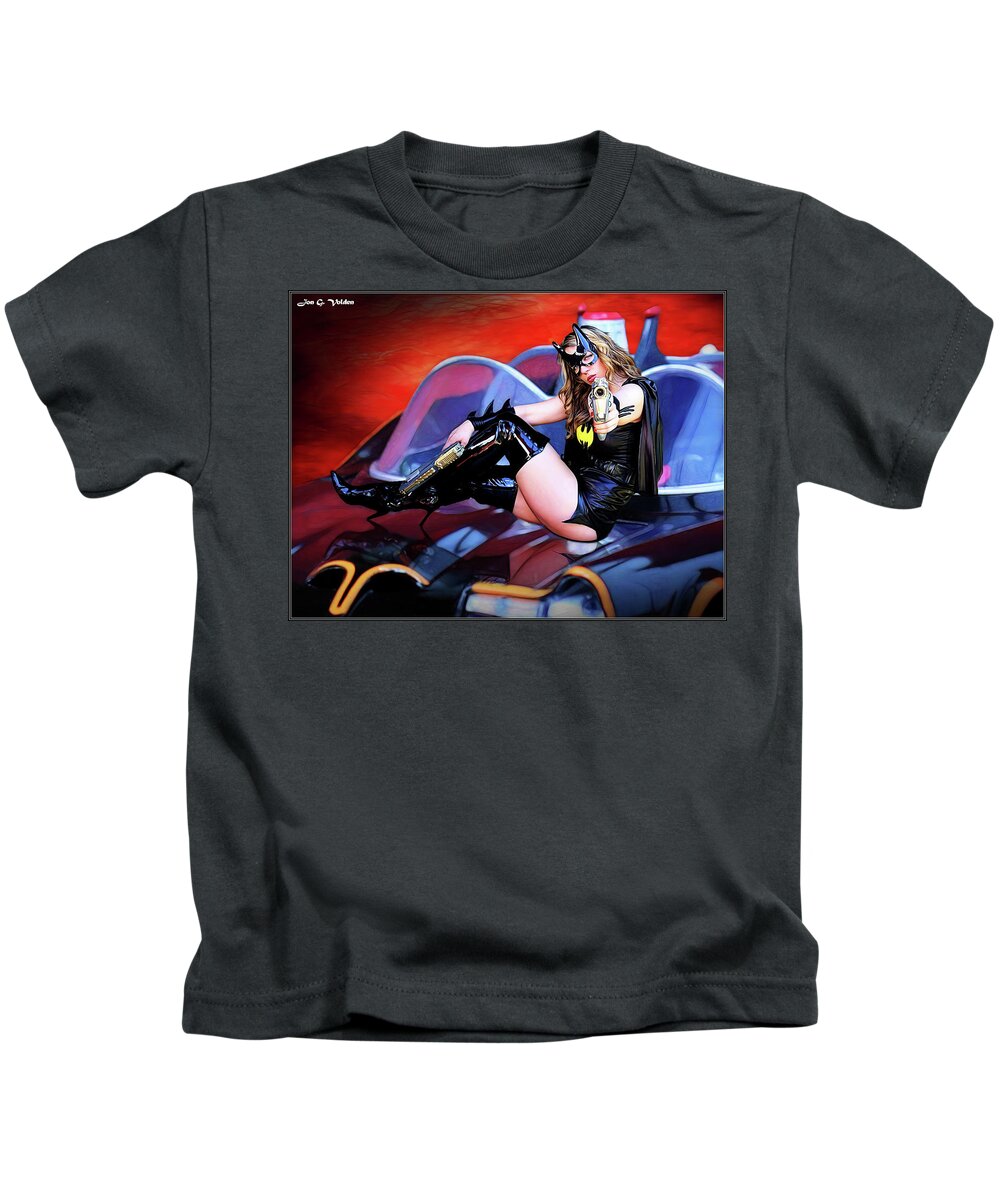 Bat Kids T-Shirt featuring the photograph Retro Bat Woman On Car by Jon Volden