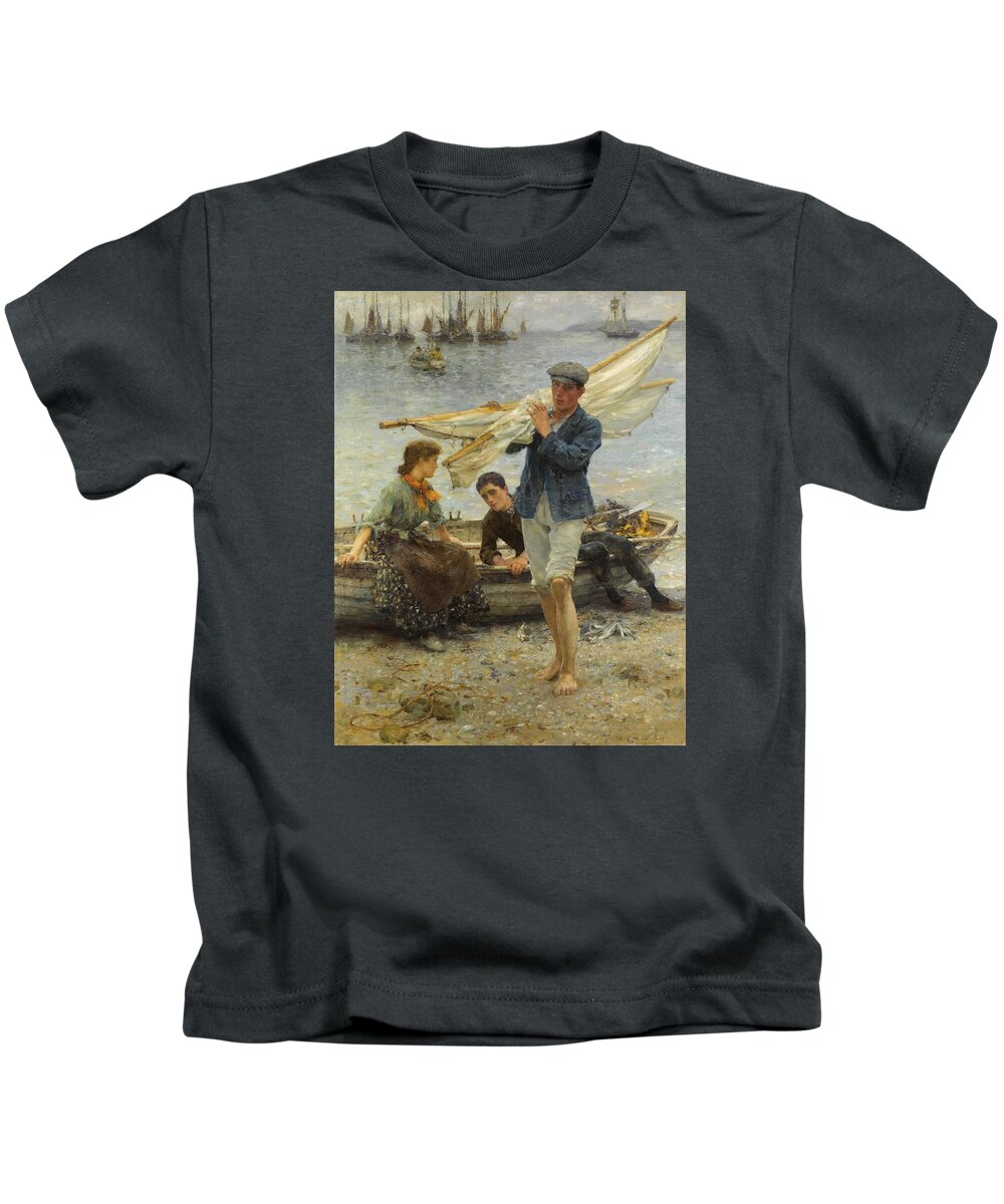 Return From Fishing Kids T-Shirt featuring the painting Return from Fishing by Henry Scott Tuke