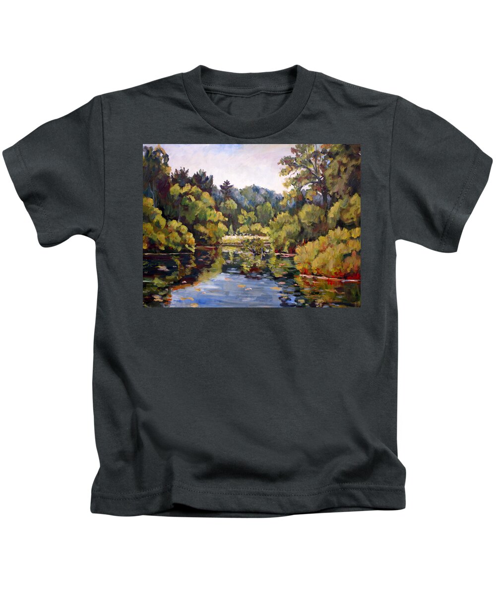 Ingrid Dohm Kids T-Shirt featuring the painting Richard's Pond by Ingrid Dohm
