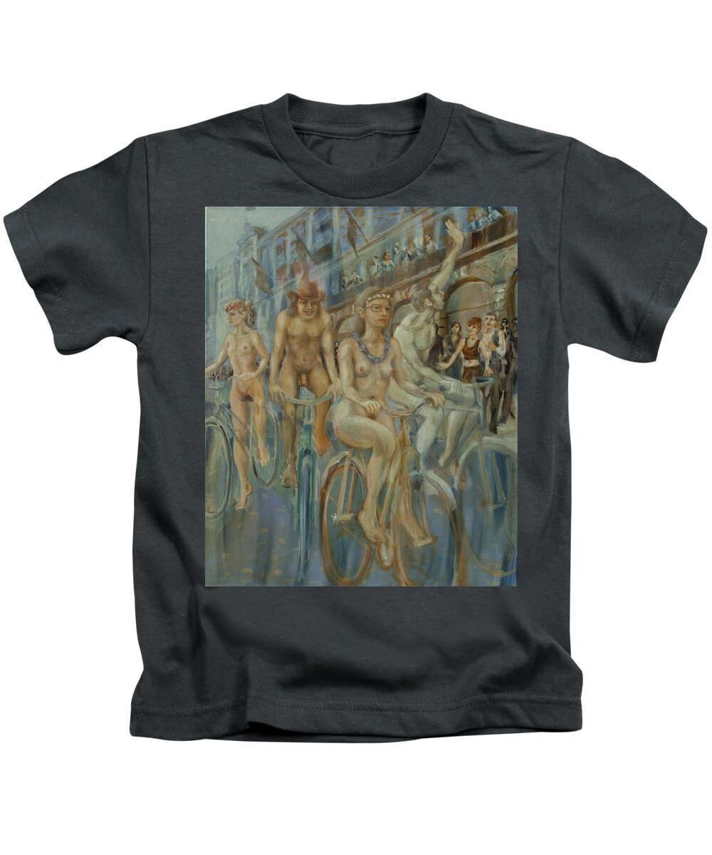 Nudes Kids T-Shirt featuring the painting Riding passed Le Meridien in June by Peregrine Roskilly