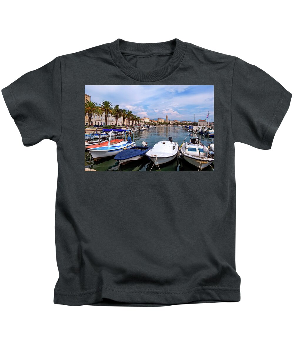 House Kids T-Shirt featuring the photograph Riva waterfront, houses and Cathedral of Saint Domnius, Dujam, Duje, bell tower Old town, Split, Croatia by Elenarts - Elena Duvernay photo