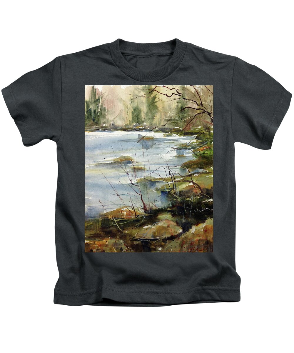 Watercolor Kids T-Shirt featuring the painting Rivers Edge by Judith Levins