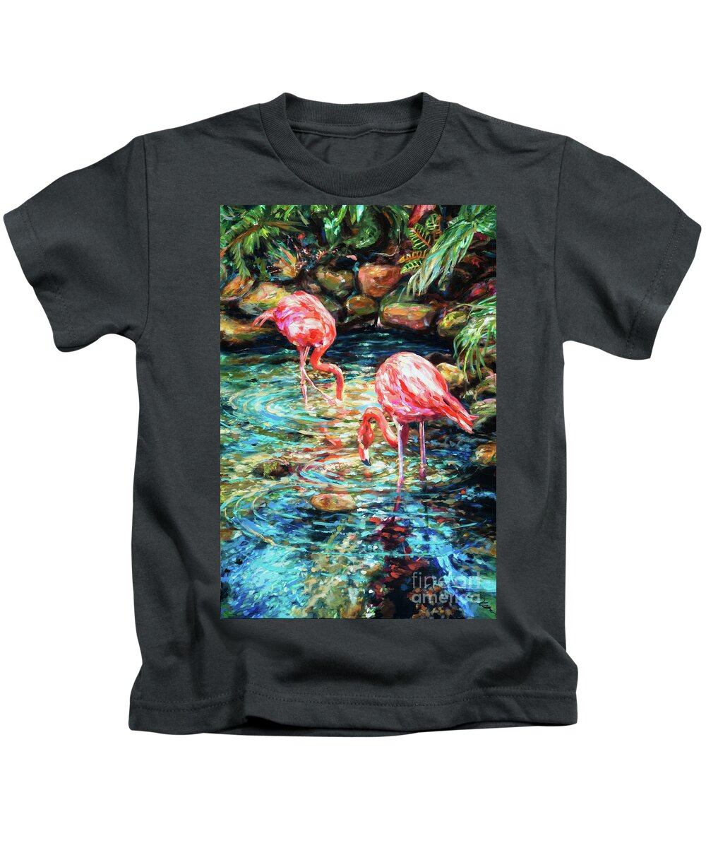 Flamingoes Kids T-Shirt featuring the painting Rock Pond by Linda Olsen