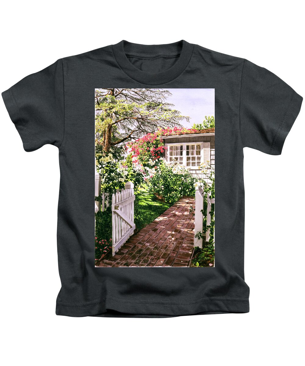 Gardens Kids T-Shirt featuring the painting Rose Cottage Gate by David Lloyd Glover