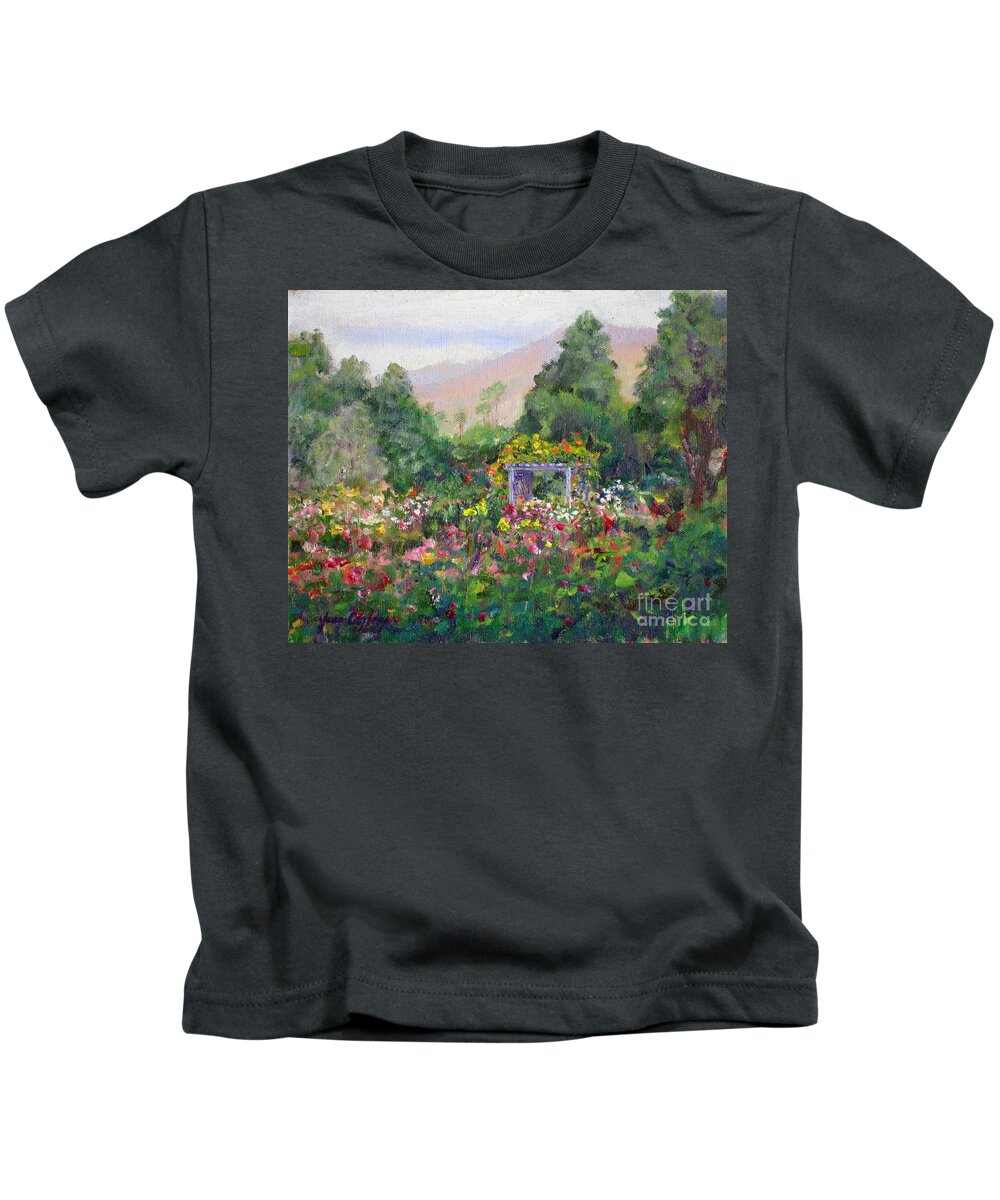 Garden Kids T-Shirt featuring the painting Rose Garden In Bloom by Joan Coffey