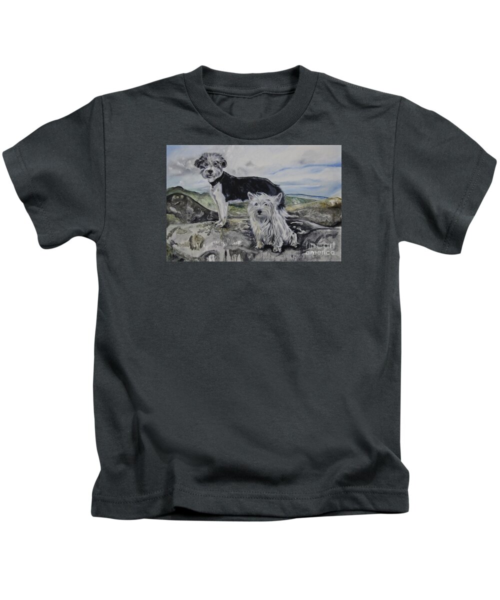 Bearded Terrier Kids T-Shirt featuring the painting Roxie And Skye by James Lavott