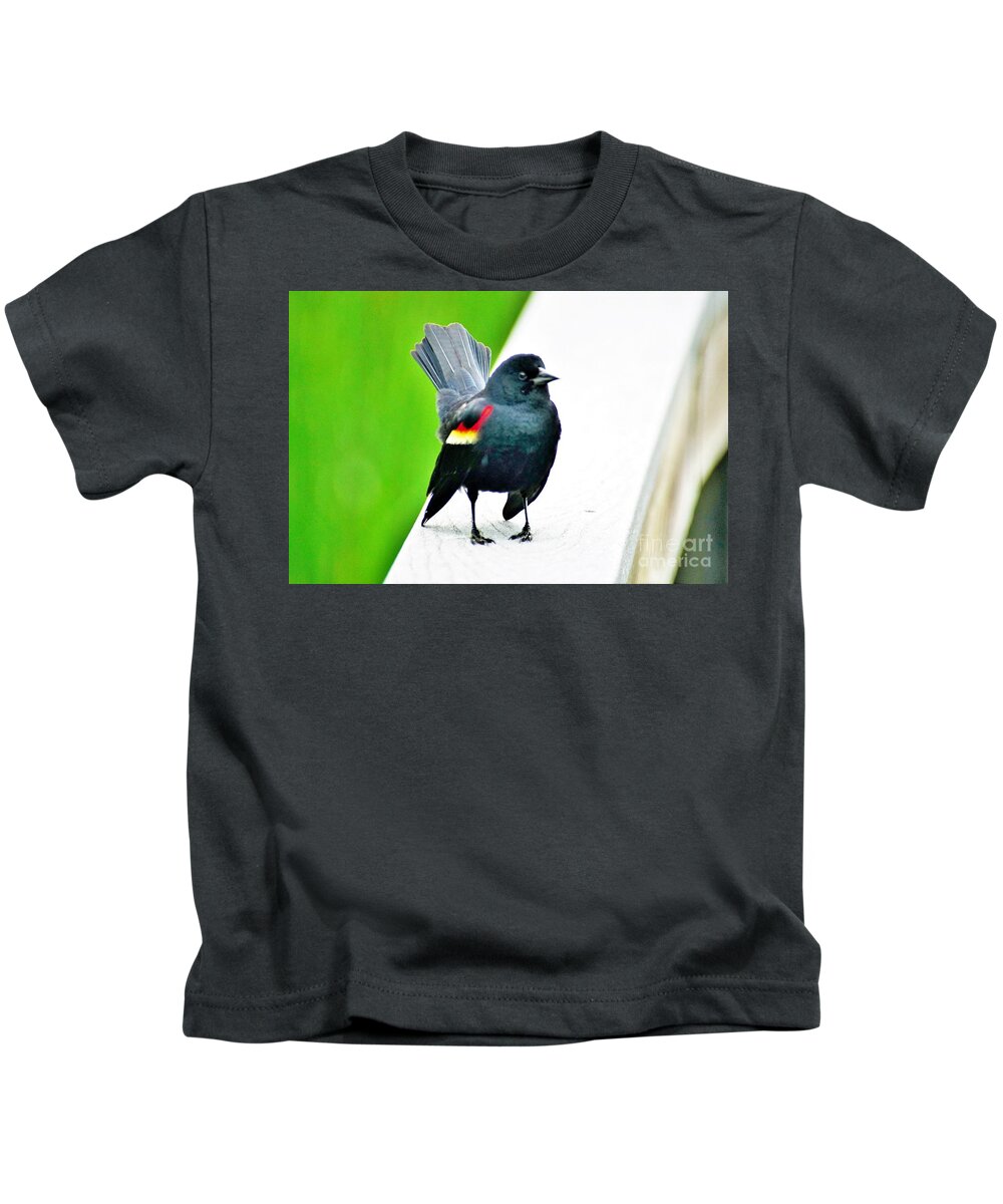 Red Winged Blackbird Kids T-Shirt featuring the photograph Ruffled and Determined by Merle Grenz