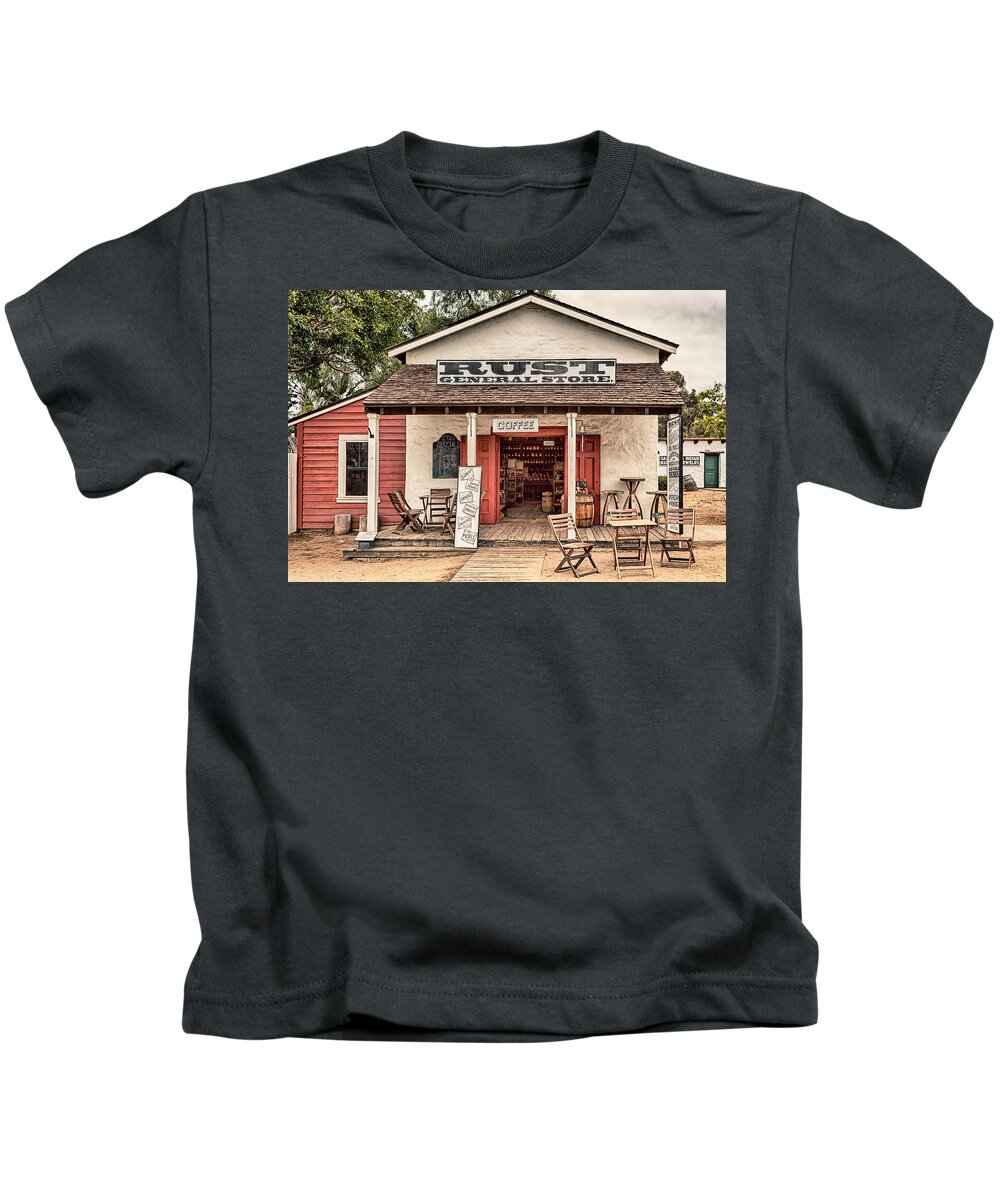 General Store Kids T-Shirt featuring the photograph Rust General Store by Alison Frank