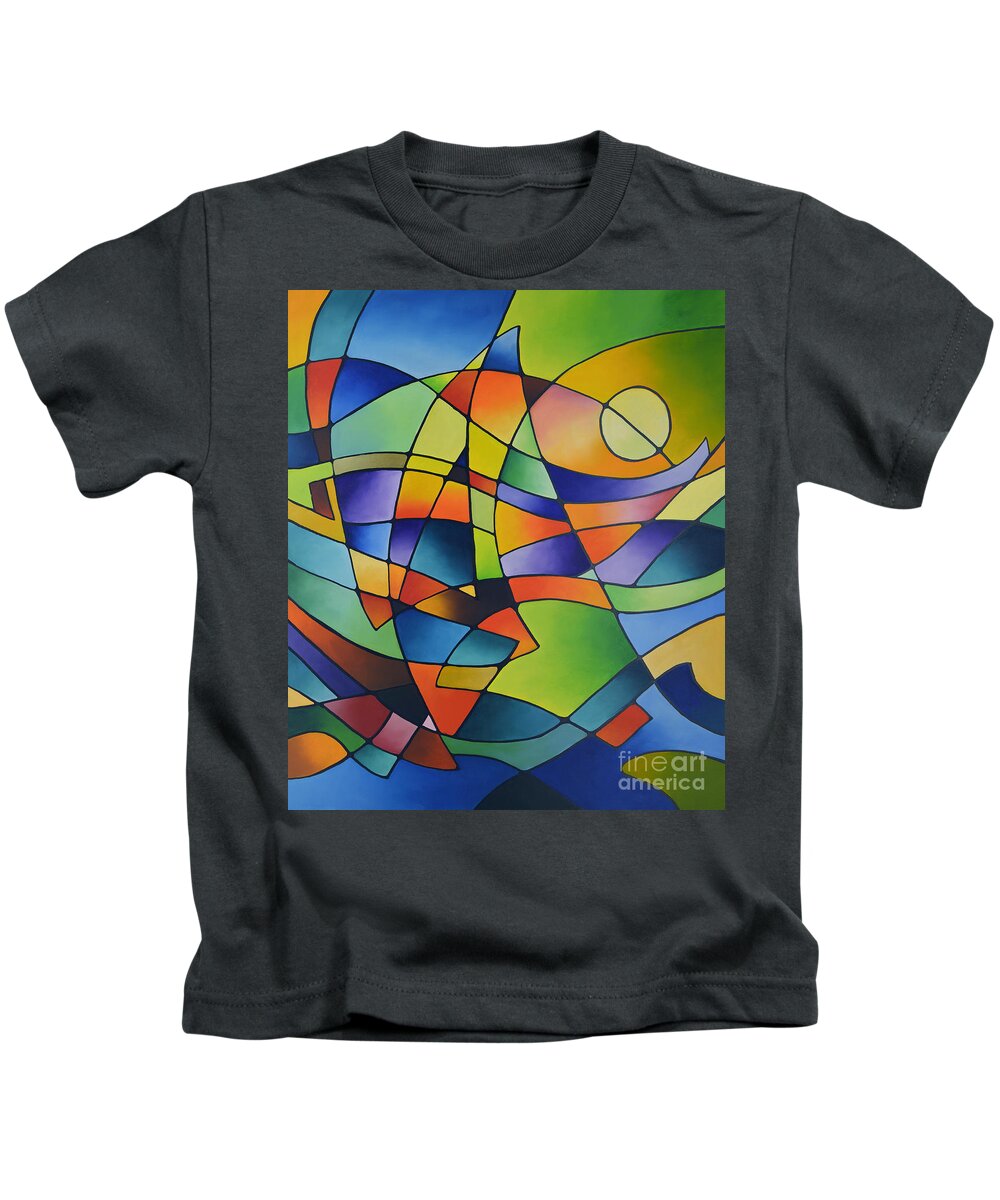 Geometric Kids T-Shirt featuring the painting Sailing Away, Canvas Two by Sally Trace