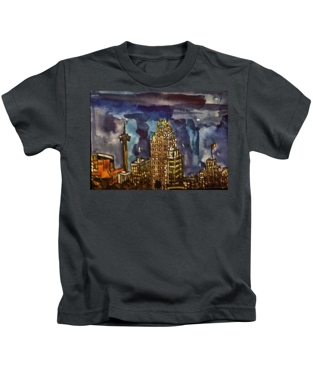 Aceo Kids T-Shirt featuring the painting San Antonio at Night #2 by Angela Weddle