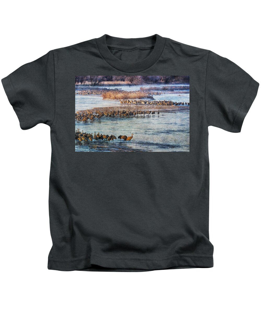 Sandhill Crane Kids T-Shirt featuring the photograph Sandhill Crane Platte River - Textured by Kathy Adams Clark