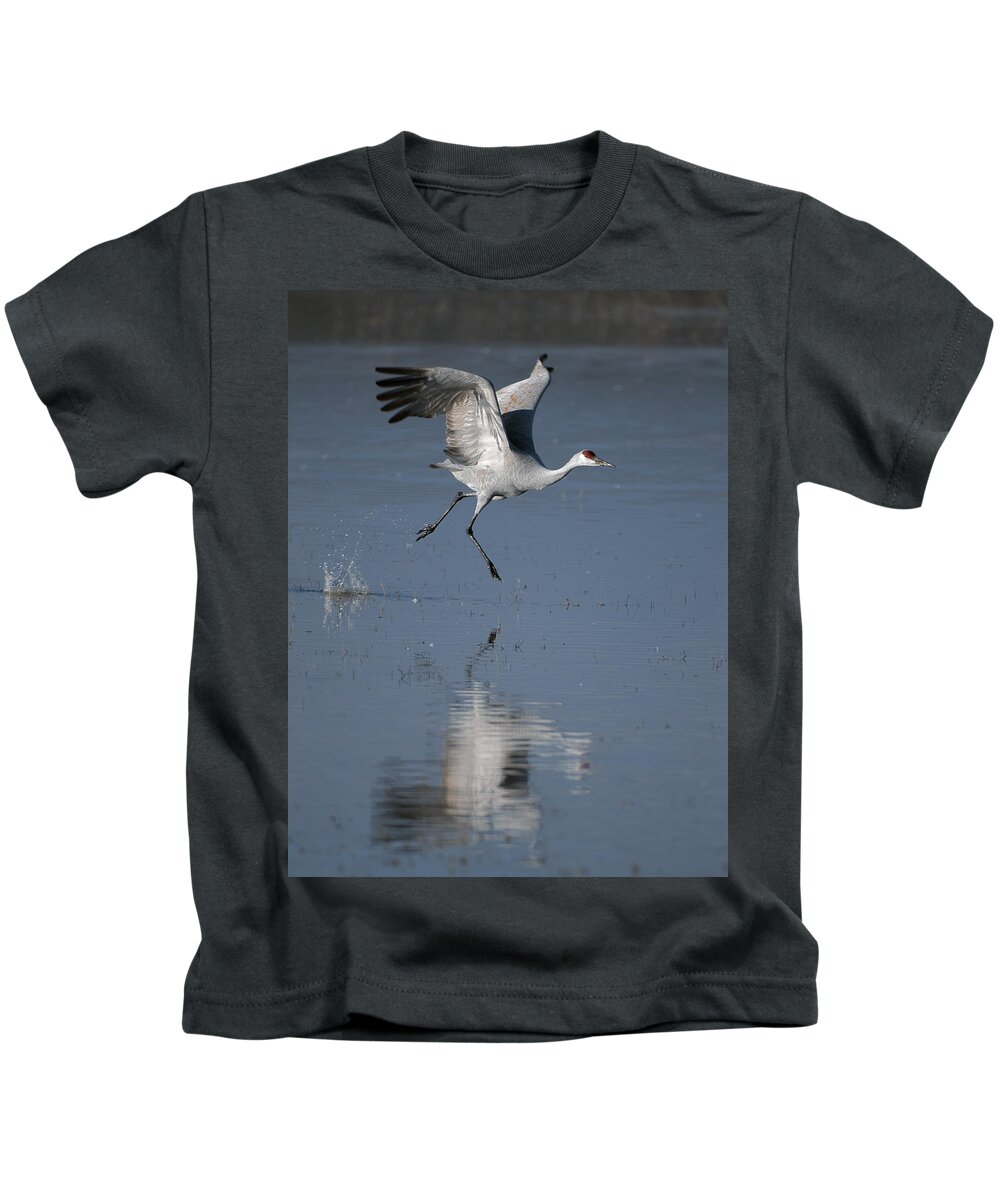Sandhill Crane Kids T-Shirt featuring the photograph SandHill Crane running on water by Gary Langley