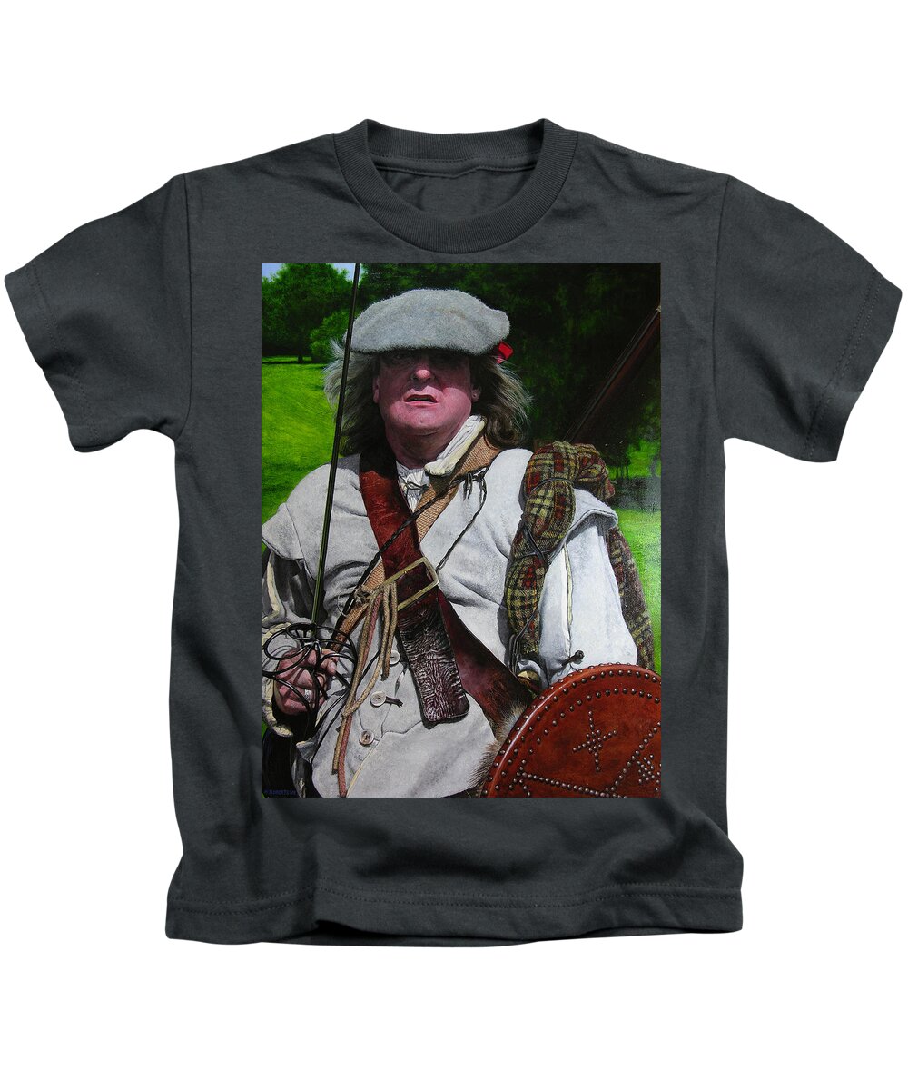 Scotland Kids T-Shirt featuring the painting Scottish soldier of the Sealed Knot at the Ruthin Seige Re-enactment by Harry Robertson