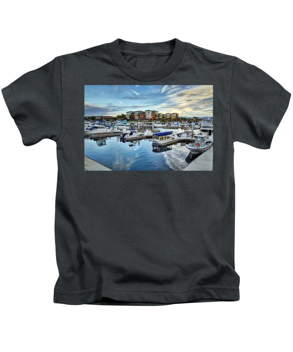 Boats Harbor Marina Water Sunset Seascape Kids T-Shirt featuring the photograph Seabridge Marina #2 by Wendell Ward