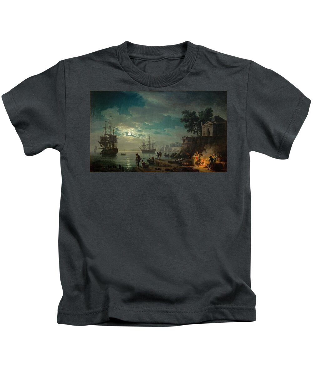 Art Kids T-Shirt featuring the painting Seaport By Moonlight by Claude-Joseph Vernet