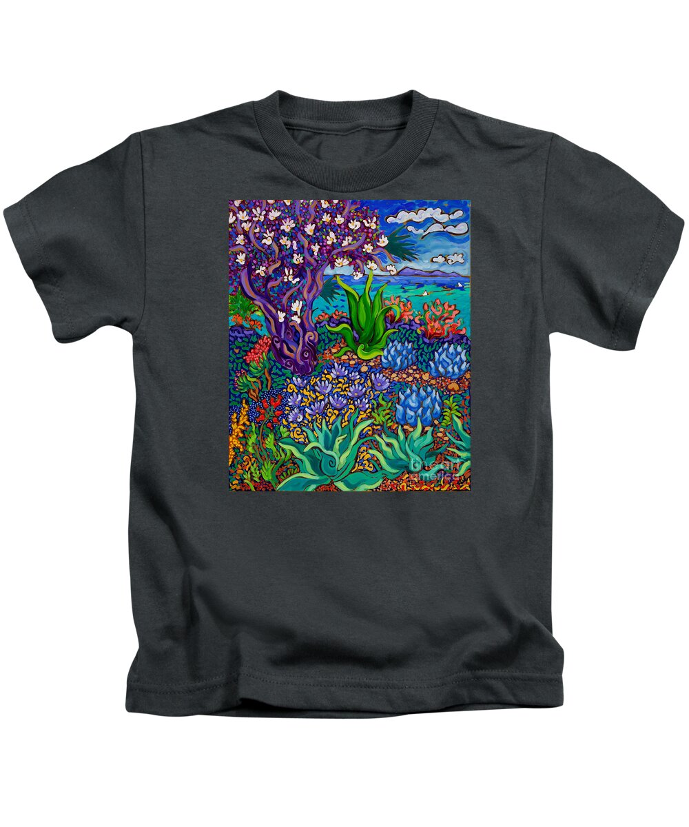 Succulents Kids T-Shirt featuring the painting Seaside Flowering Tree by Cathy Carey