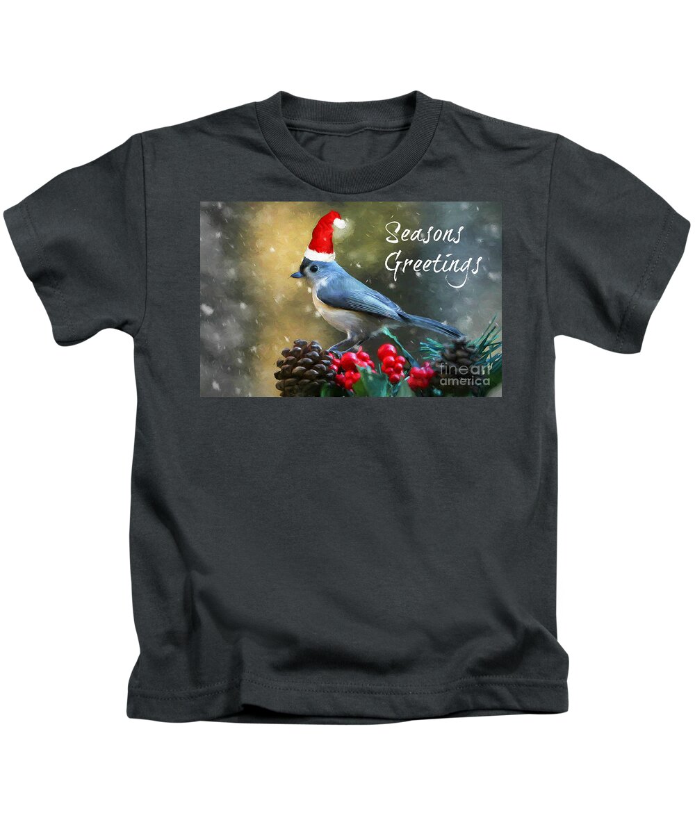 Christmas Card Kids T-Shirt featuring the mixed media Seasons Greetings Titmouse by Tina LeCour