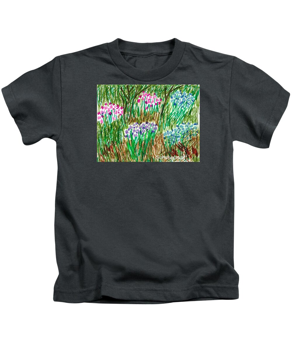 Drawing Kids T-Shirt featuring the drawing Secret Garden by Susan Schanerman