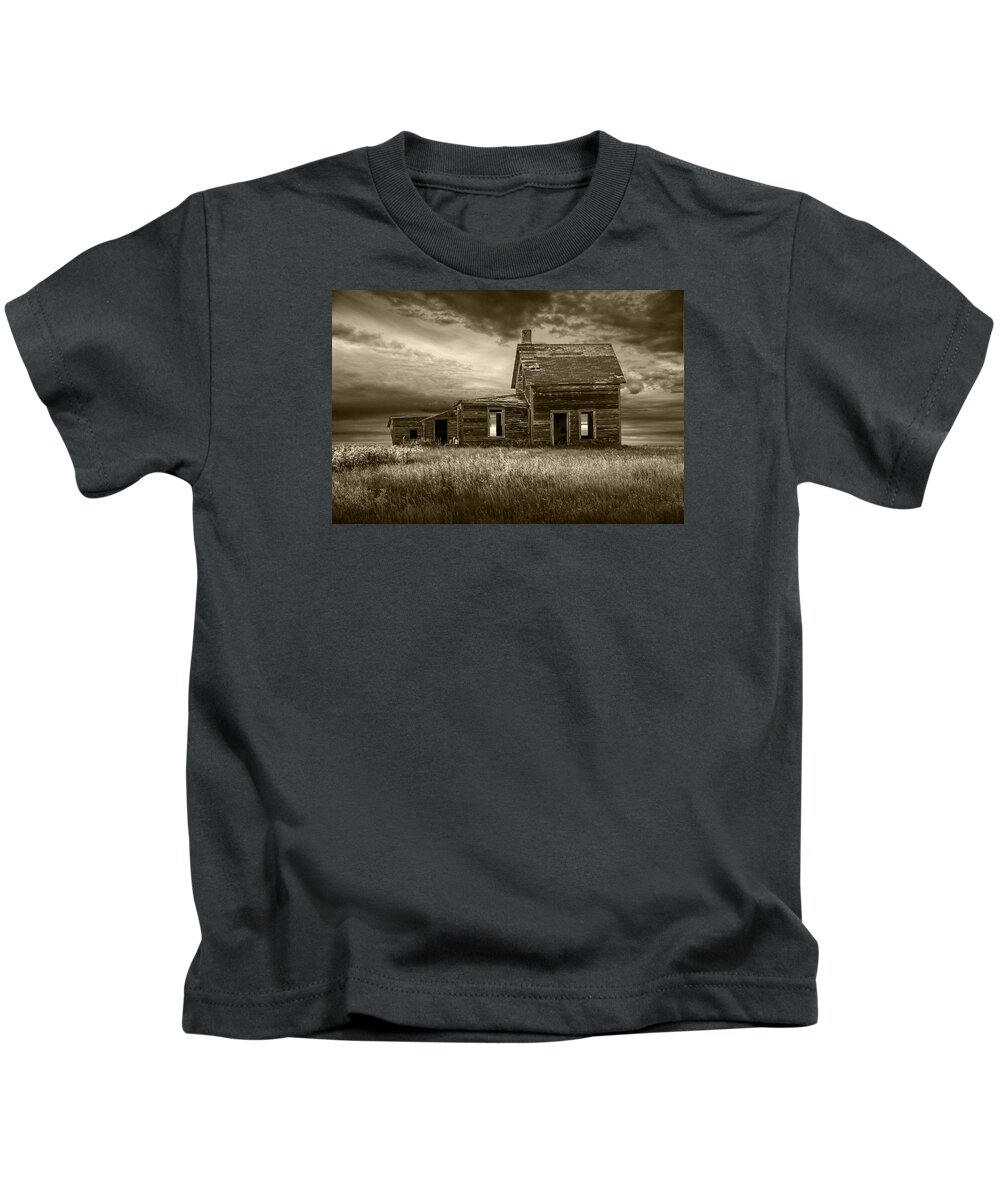 Farm Kids T-Shirt featuring the photograph Sepia Tone of Abandoned Prairie Farm House by Randall Nyhof