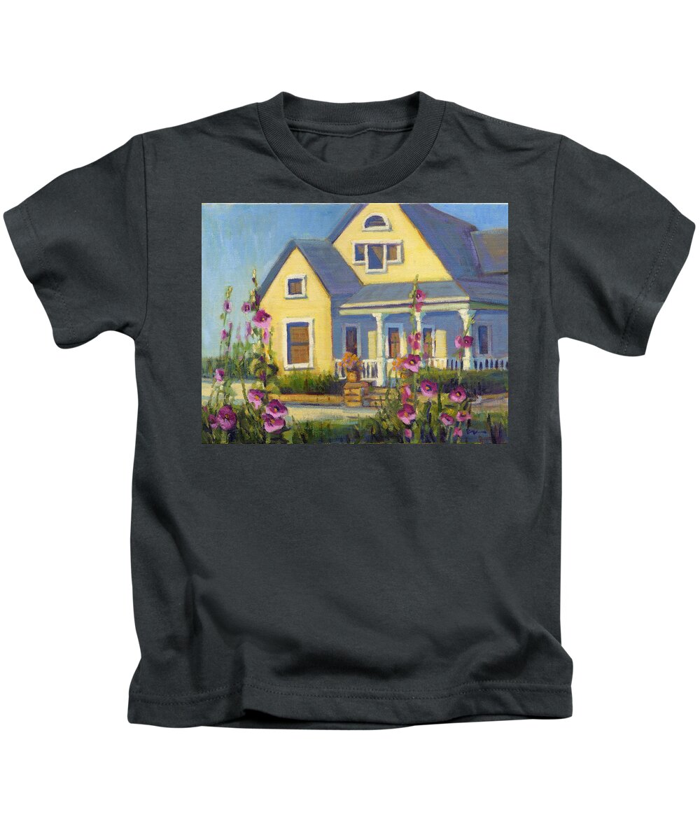 Victorian Kids T-Shirt featuring the painting She Loves Hollyhocks. by Konnie Kim