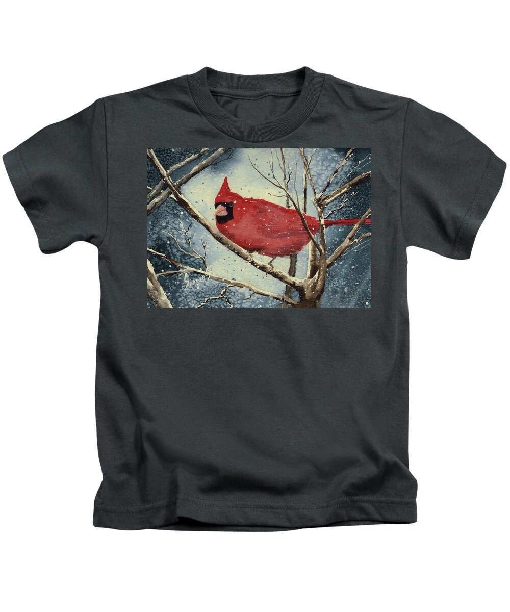 Cardinal Kids T-Shirt featuring the painting Shelly's Cardinal by Sam Sidders