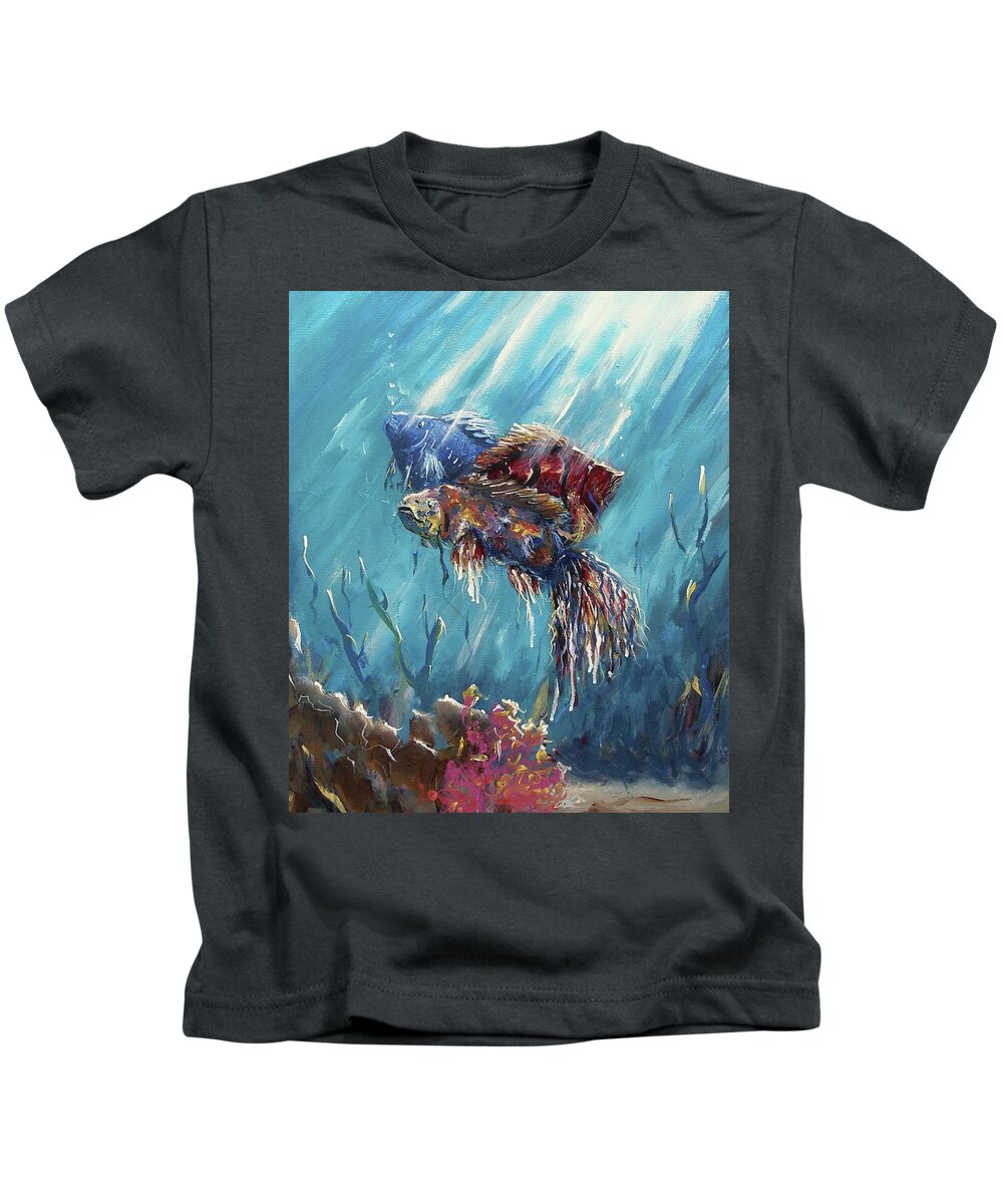 Miroslaw Chelchowski Shine Trough The Ocean Acrylic On Canvas Seascape Fish Tropical Light Blue Beauty Seaweed Water Under The Sea Life Red Colors Three Pink Painting Print Kids T-Shirt featuring the painting Shine trough the ocean by Miroslaw Chelchowski