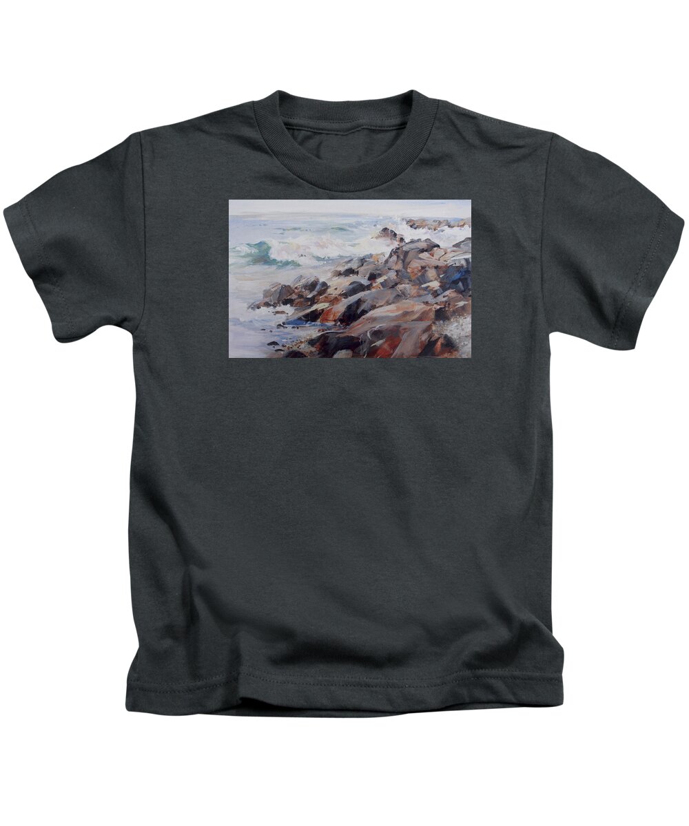 Rough Surf Kids T-Shirt featuring the painting Shore's Rocky by P Anthony Visco