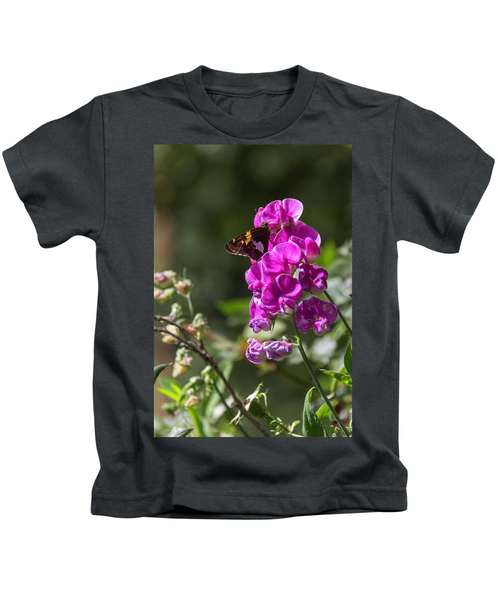 Sweet Pea Kids T-Shirt featuring the photograph Silver Spotted Skipper and Everlasting Sweet Pea by Teresa Mucha