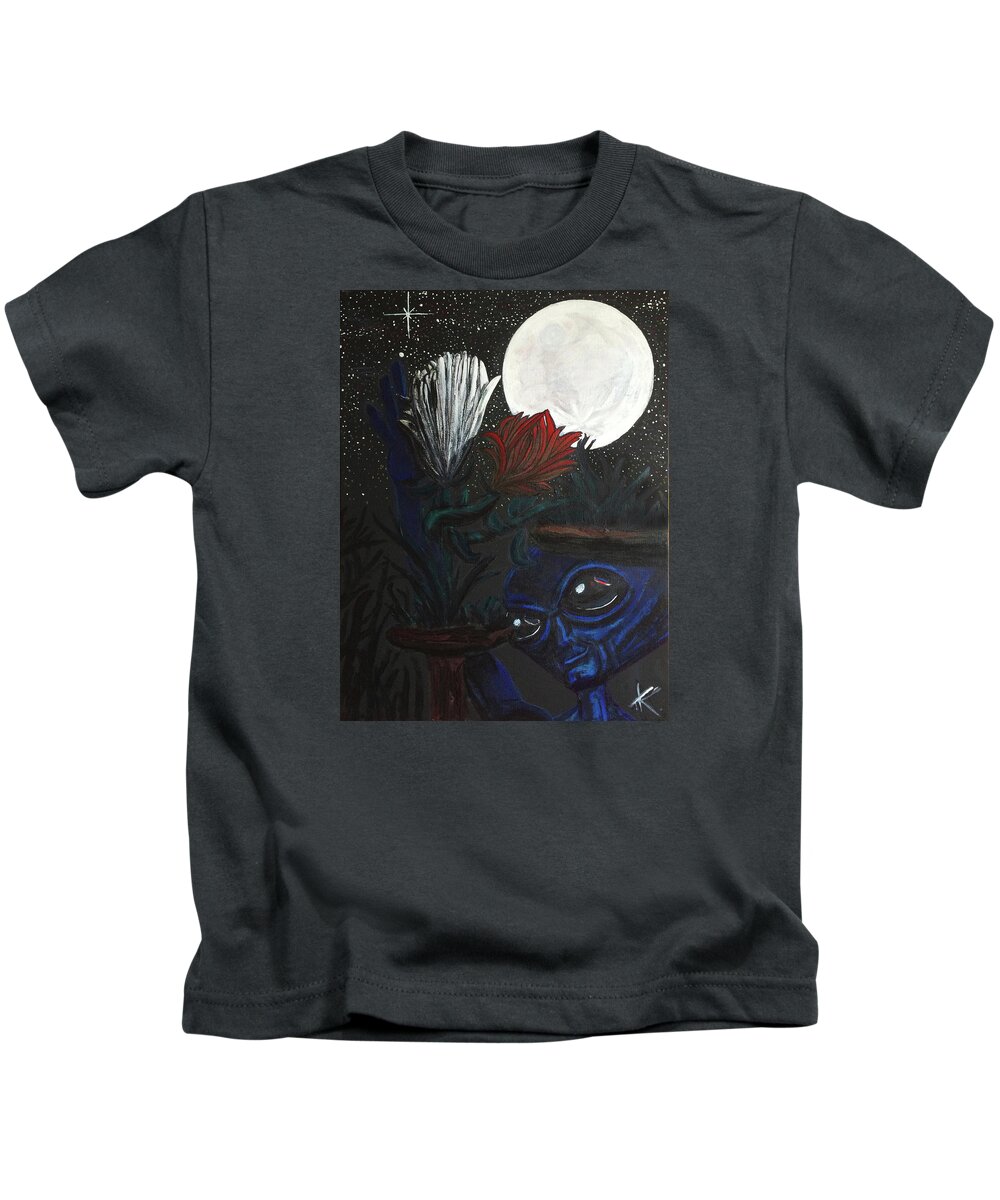 Full Moon Kids T-Shirt featuring the painting Similar Alien appreciates flowers by the light of the full moon. by Similar Alien