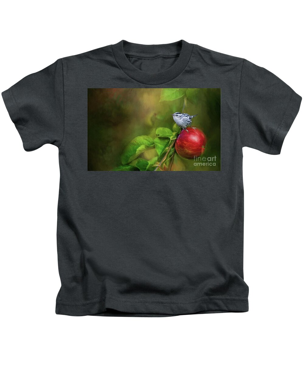 Black And White Warbler Kids T-Shirt featuring the photograph Sitting on an Apple by Eva Lechner