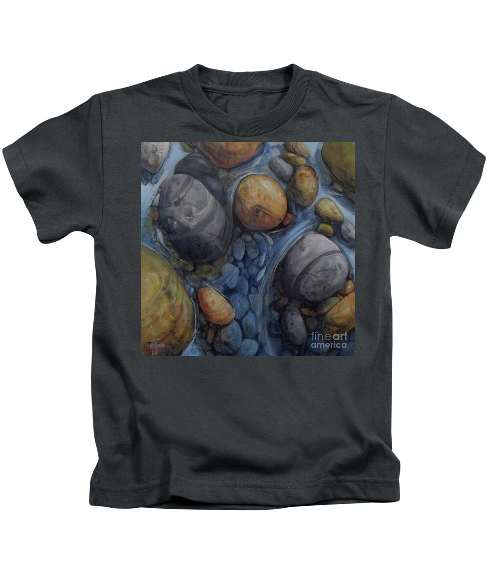 Fish Kids T-Shirt featuring the painting Six Fish pond water river rocks by Mary Hubley