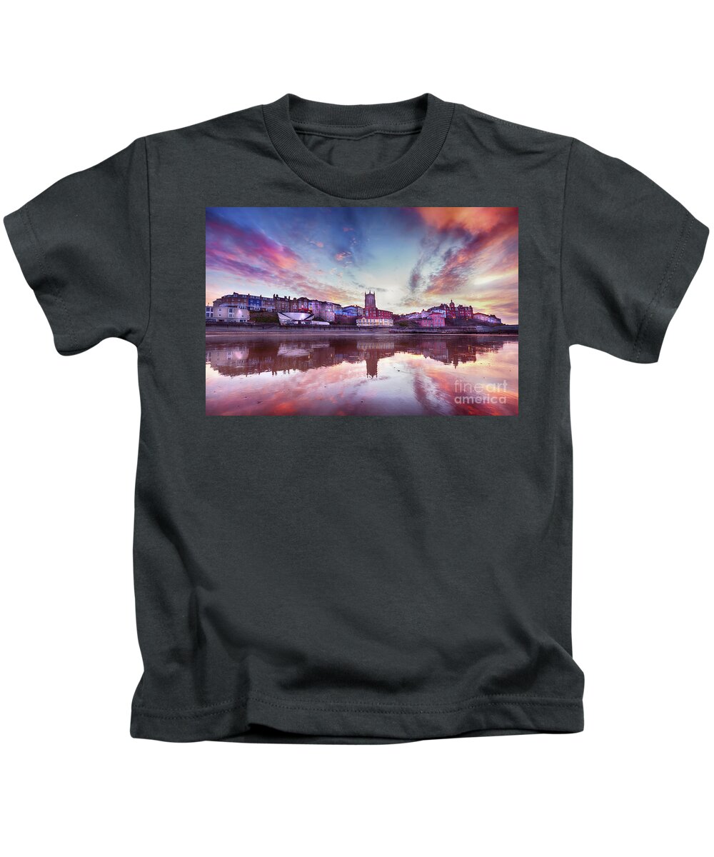 Cromer Kids T-Shirt featuring the photograph Skies ablaze in Cromer town by Simon Bratt