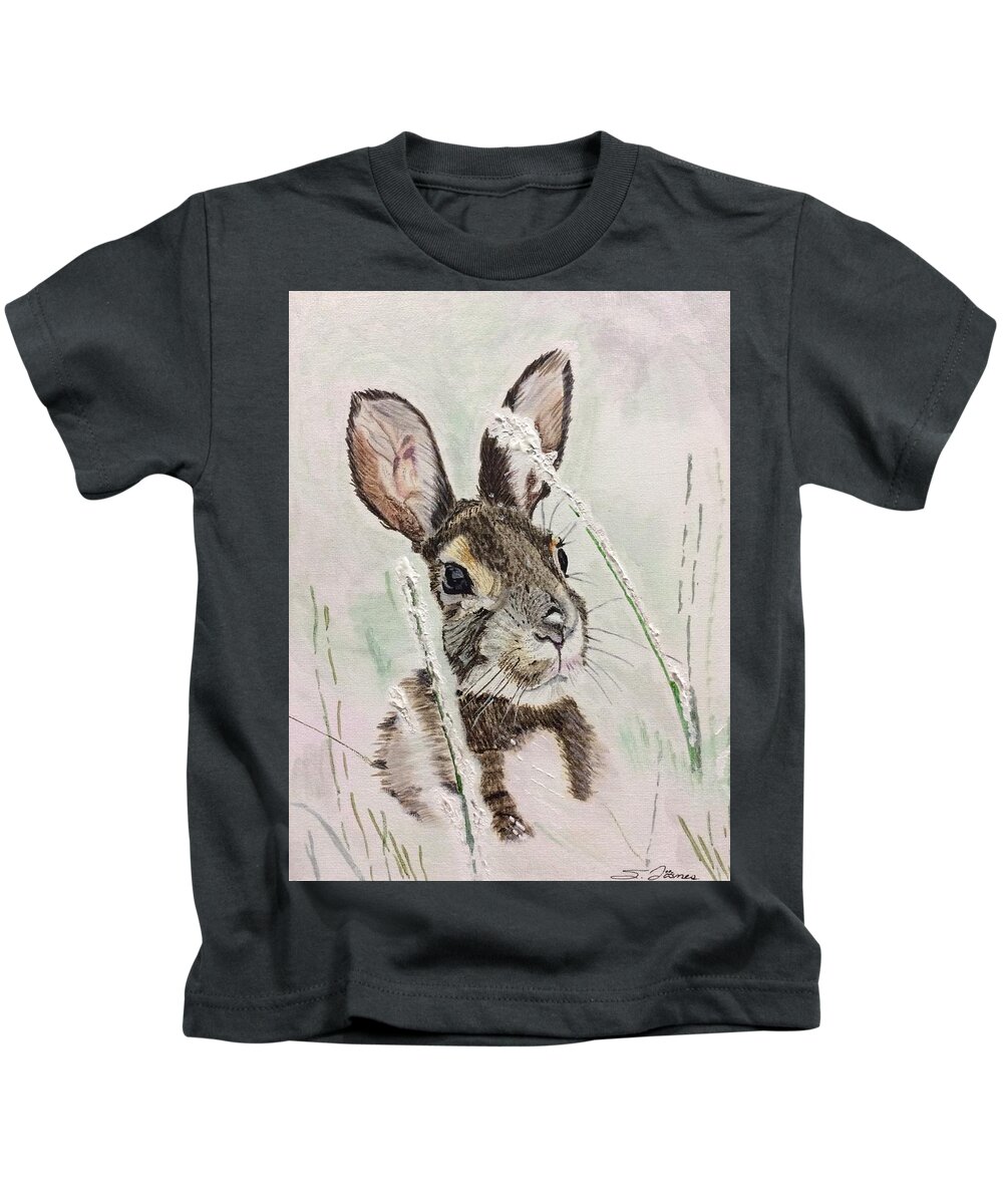 Rabbit Kids T-Shirt featuring the painting Snow blown by Sonja Jones