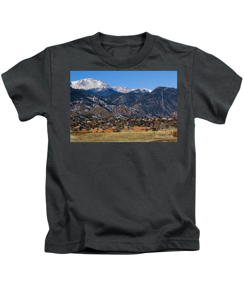 Pikes Peak Kids T-Shirt featuring the photograph Snow covered Pikes Peak and the Manitou Incline by Steven Krull