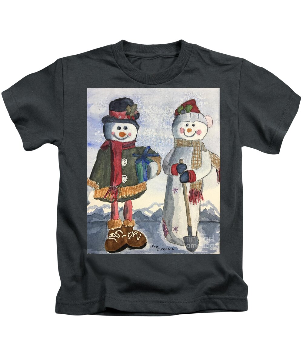 Snowman Kids T-Shirt featuring the painting Snow Friends by Sue Carmony